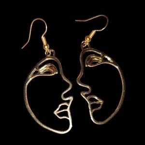 Abstract Face Earrings Hair Artistic Outline Woman Profile Line Art Gold Dangle